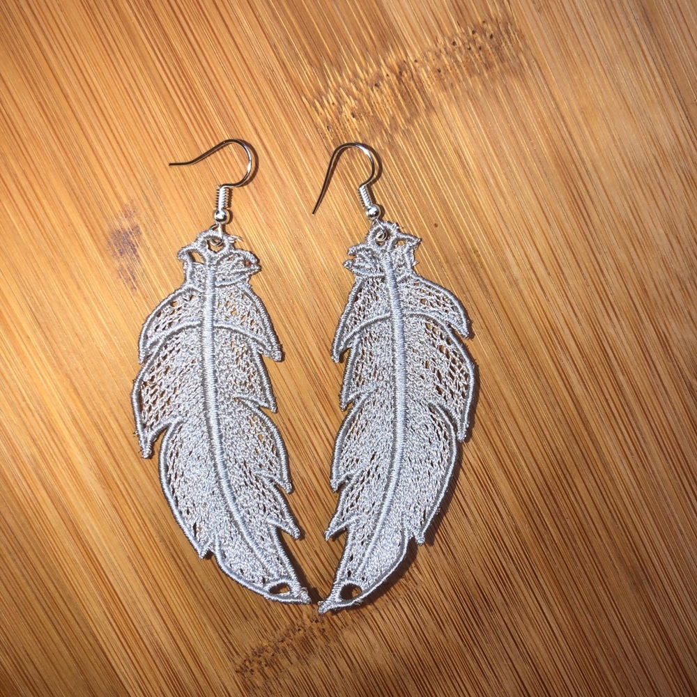 Embroidered Lace Feather Earrings